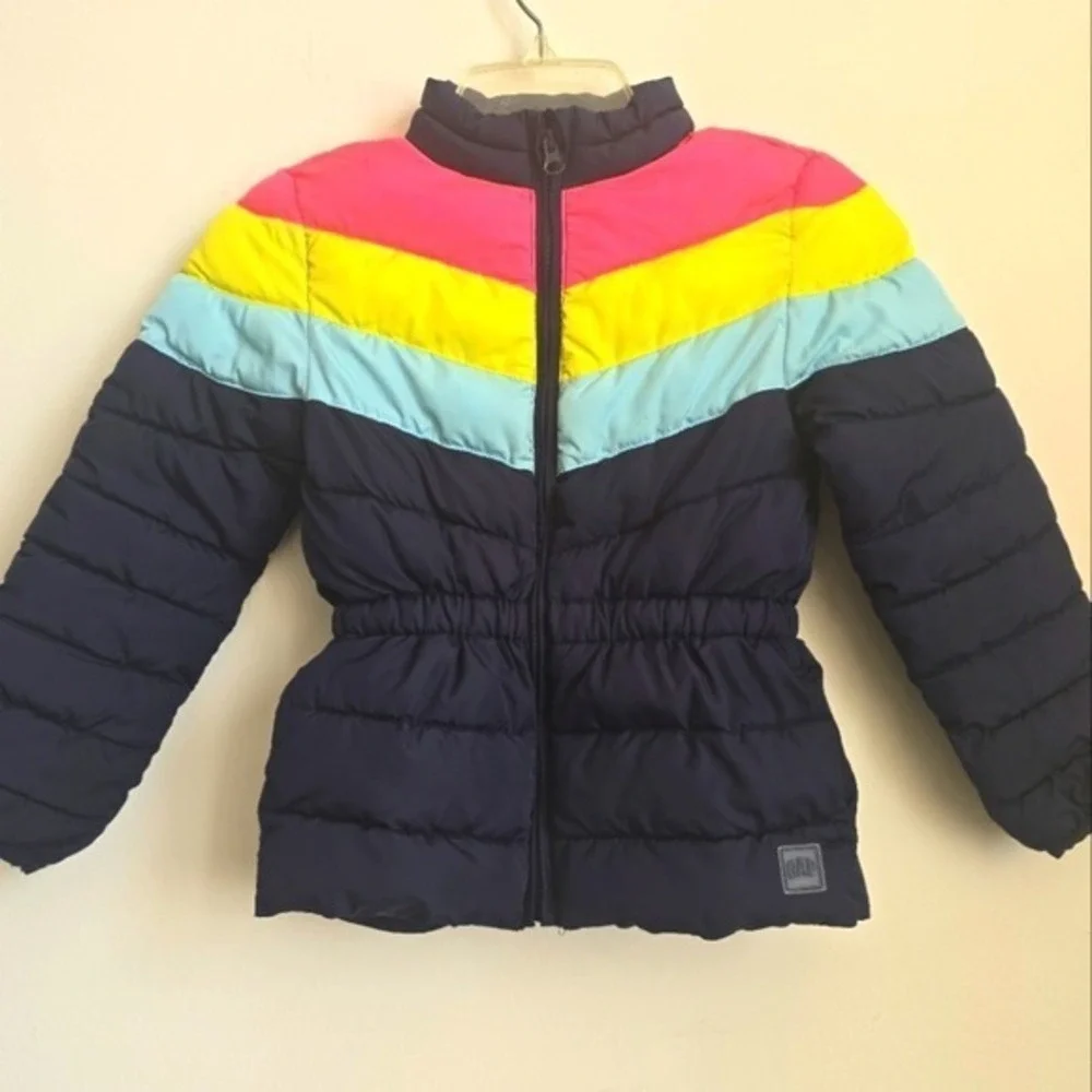 Gap Kids Girls Puffer Jacket Rainbow Chevron Colorblock Warm Winter Coat Size S